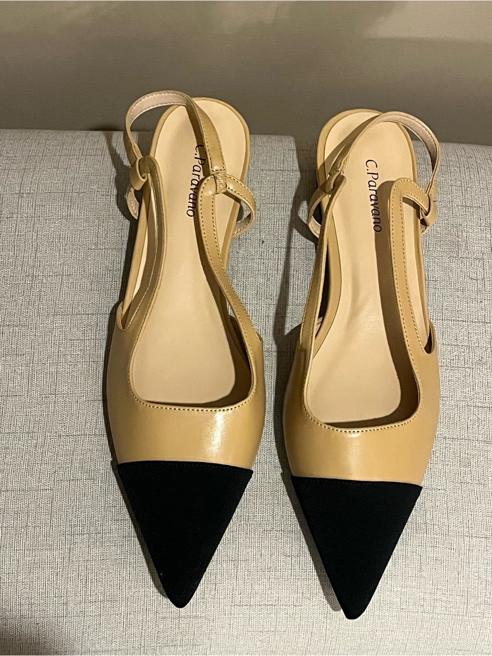 NWOB C. Paravano Beige & Black Pointed Slingback Mules, EU 39.5